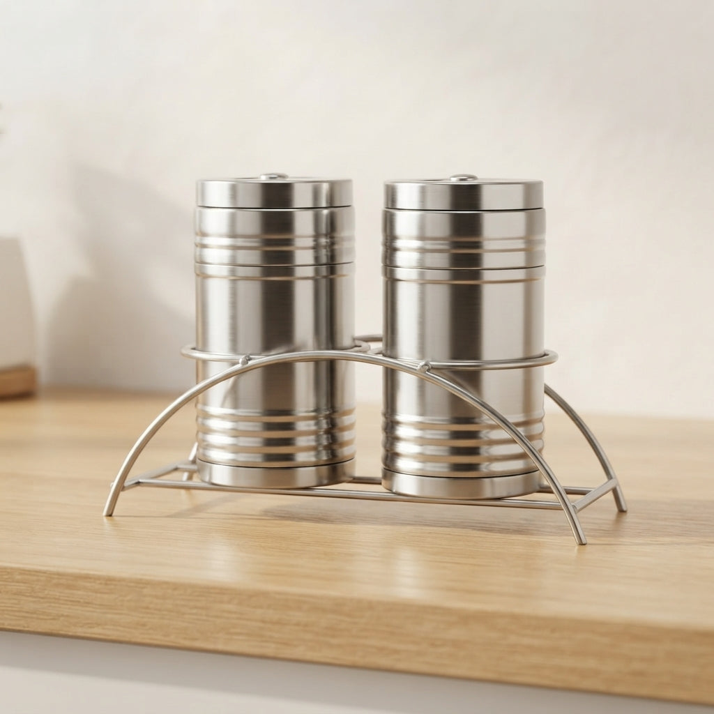 Stainless Steel Salt & Pepper Shaker Set with Stand – Refillable Spice Jars