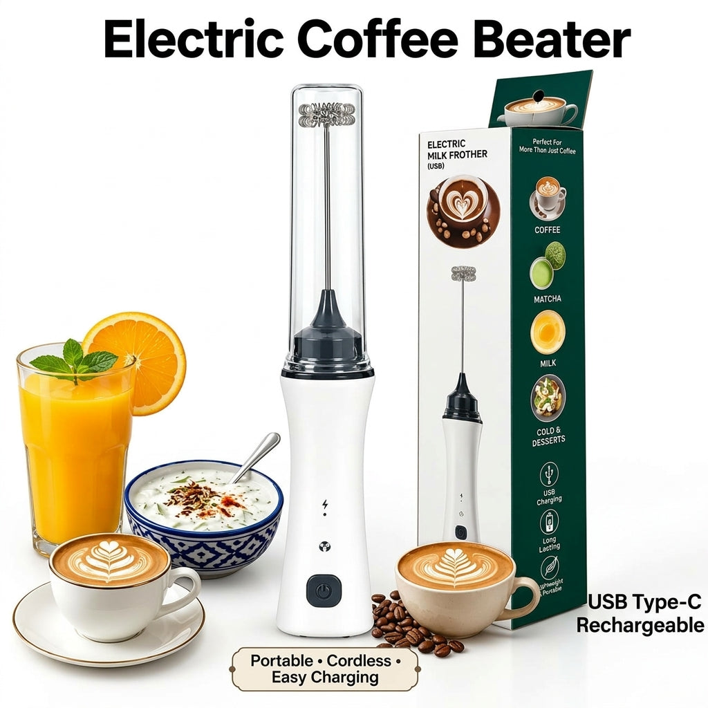 Electric Rechargeable Milk Frother & Coffee Beater – USB Type-C Handheld Whisk