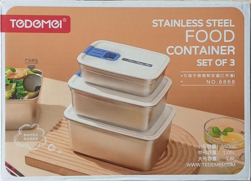 Premium Stainless Steel Food Container Set of 3 – 550ml, 1.05L & 1.8L