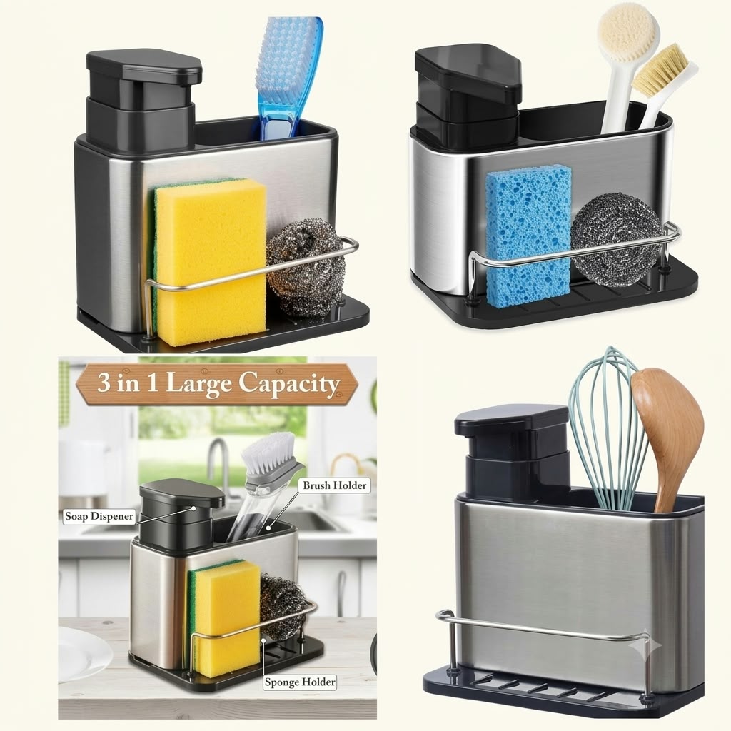 3-in-1 Stainless Steel Kitchen Sink Organizer & Soap Dispenser!