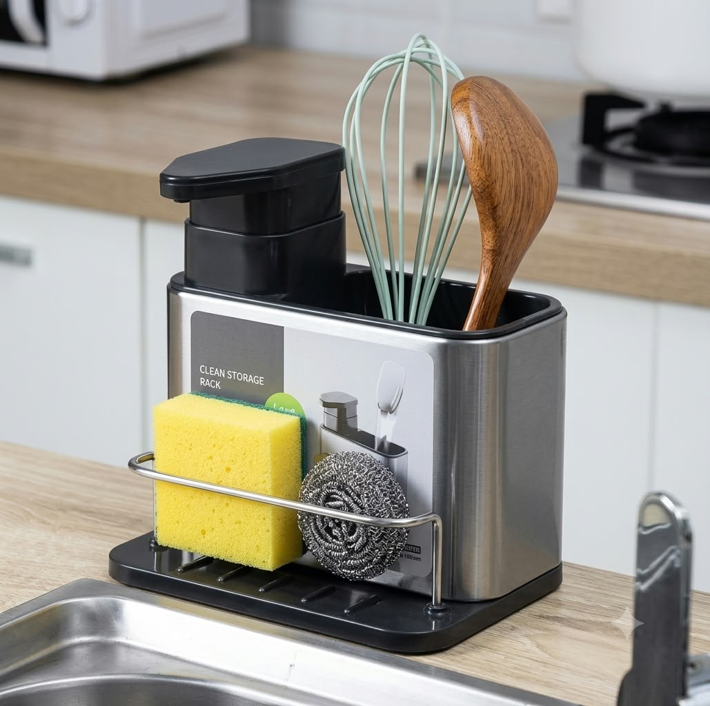 3-in-1 Stainless Steel Kitchen Sink Organizer & Soap Dispenser!