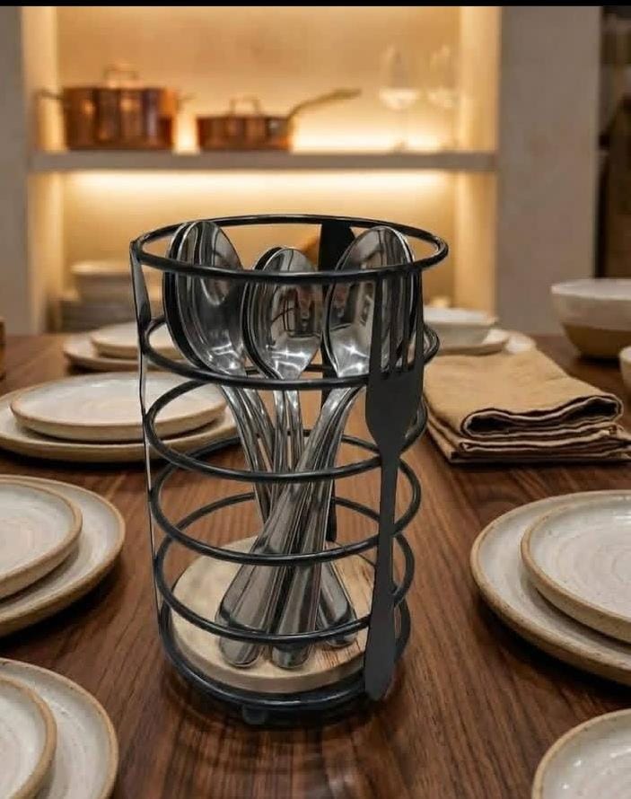 Spoon & Fork Storage Rack – Stainless Steel with Wooden Base
