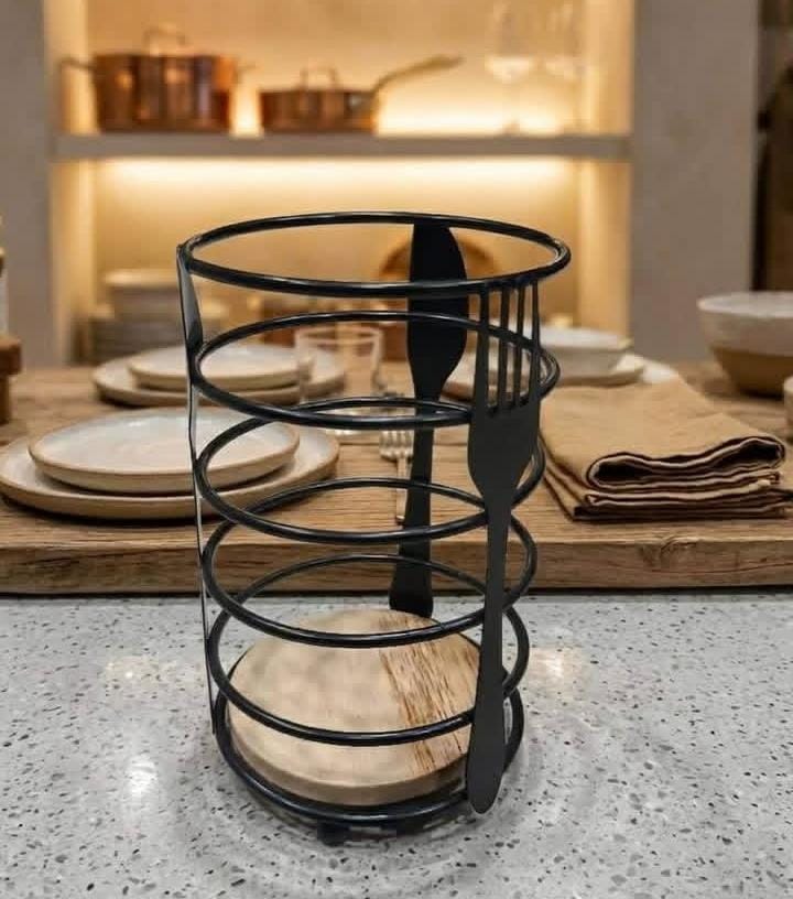 Spoon & Fork Storage Rack – Stainless Steel with Wooden Base