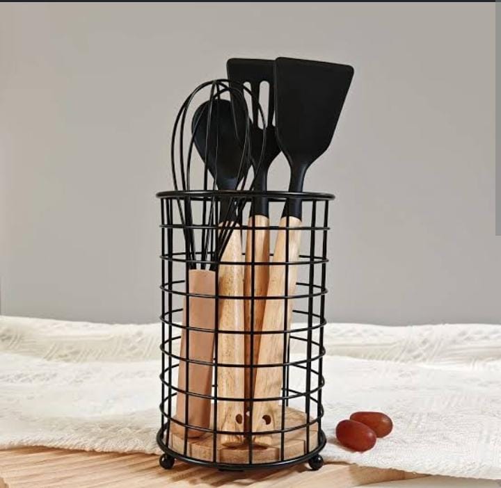 Spoon & Fork Storage Rack – Stainless Steel with Wooden Base